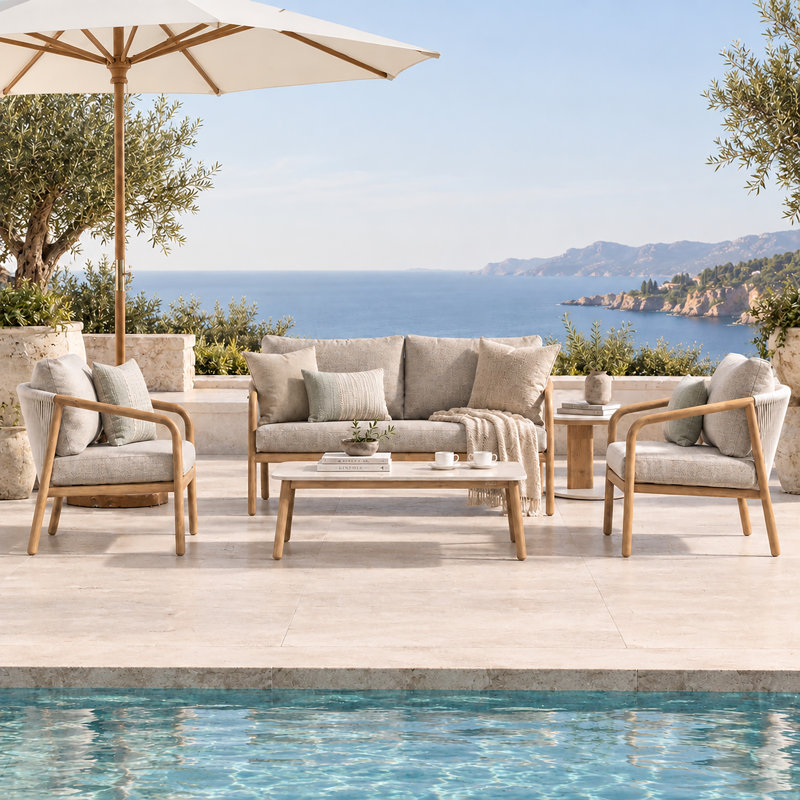Ensemble de conversation pour patio 5 pièces en aluminium avec coussins et table en pierre