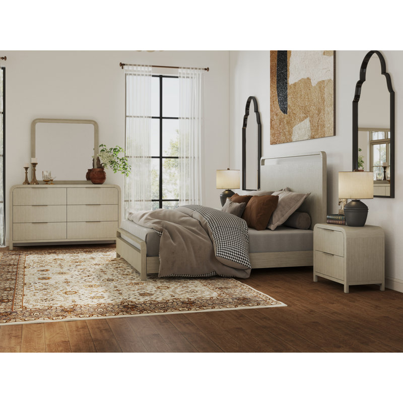 Roundhill Furniture Tavari 5-Piece Bedroom Set With Panel Bed, Dresser, Mirror, And Two Nightstands In Light Gray, Queen Size