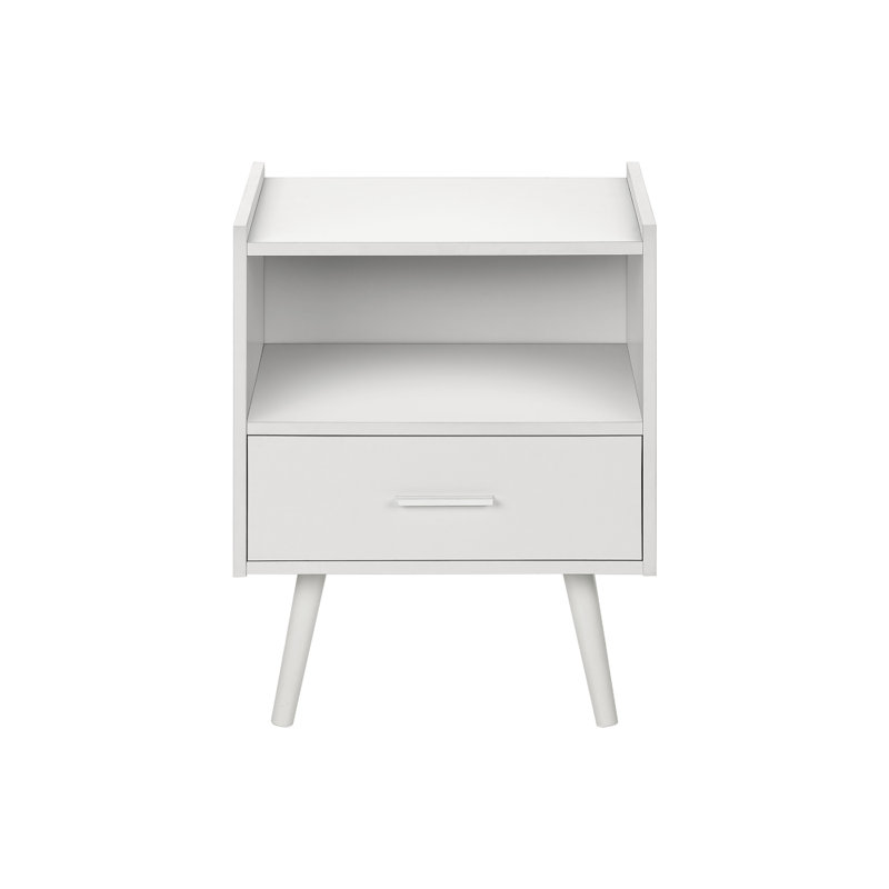 Jexa Nightstand Side End Table With Open Cubby & Drawer, White 19 Inch, White
