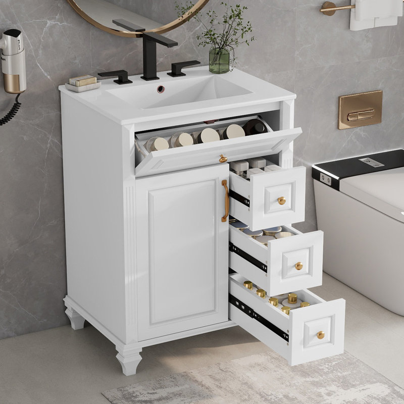 Meuble-lavabo de 24 po avec lavabo, meuble-lavabo avec tiroir rabattable, 3 tiroirs, 2 portes à fermeture en douceur, bois massif et panneau de fibres à densité moyenne, quincaillerie dorée élégante