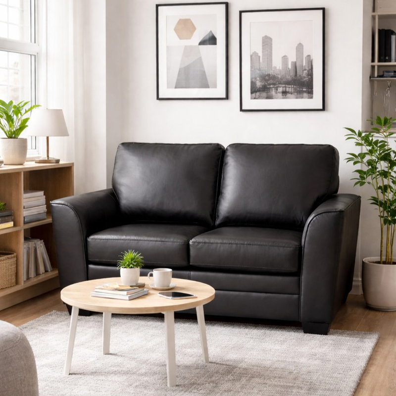 Nadin Premium Leather Sofa with Plush Pillow Back Cushions, Black , 37" H x 62" W x 36" D