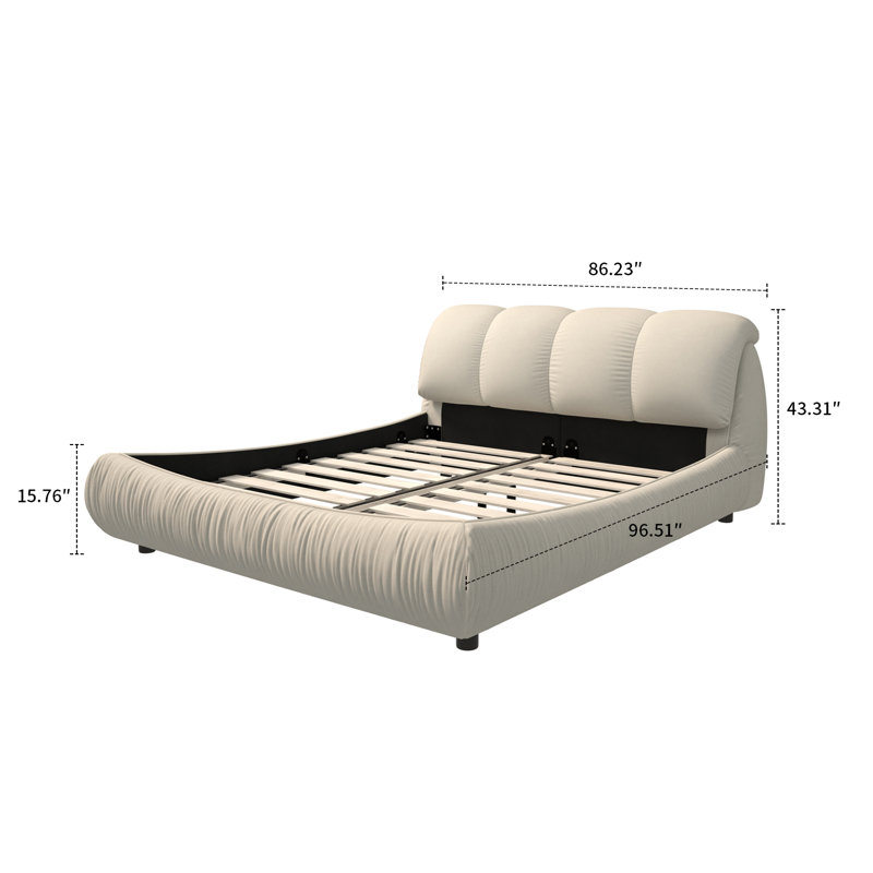 Lit plateforme tapissier moderne en polyester avec pieds en bois massif, Beige, King