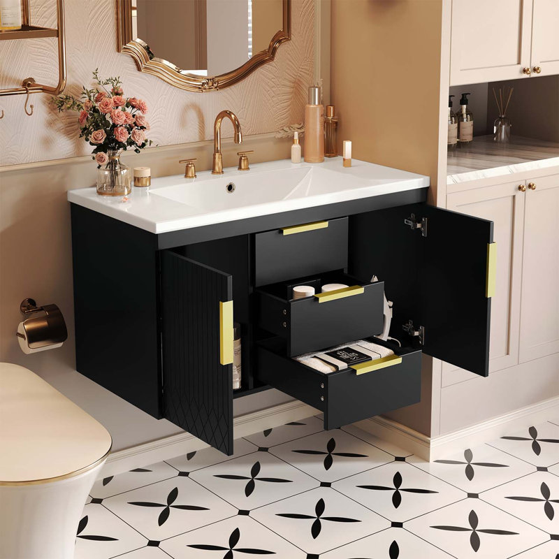 Meuble-lavabo mural sophistiqué avec lavabo haut de gamme et grand espace de rangement, Noir