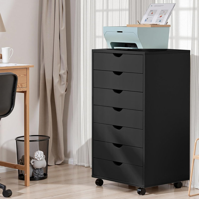 7 Drawer Mobile File Cabinet Under Desk Storage Organization With Wheels Vertical Filing Chest Rolling Wood Small Desk Printer Stand For Home Office, 15.75"D X 18.74"W X 34.25"H