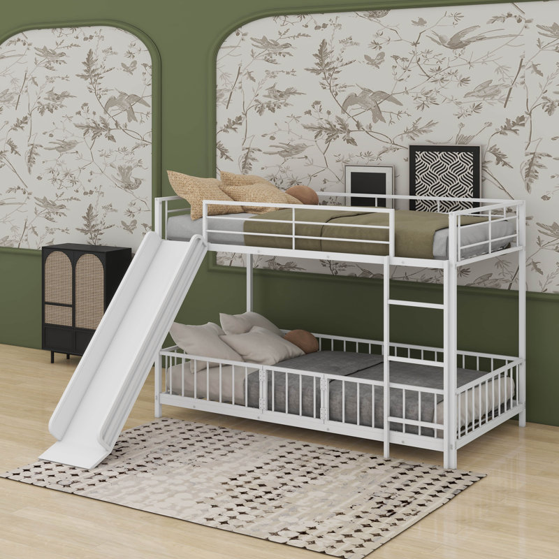 Twin Over Twin Size Metal Bunk Bed With Slide, White