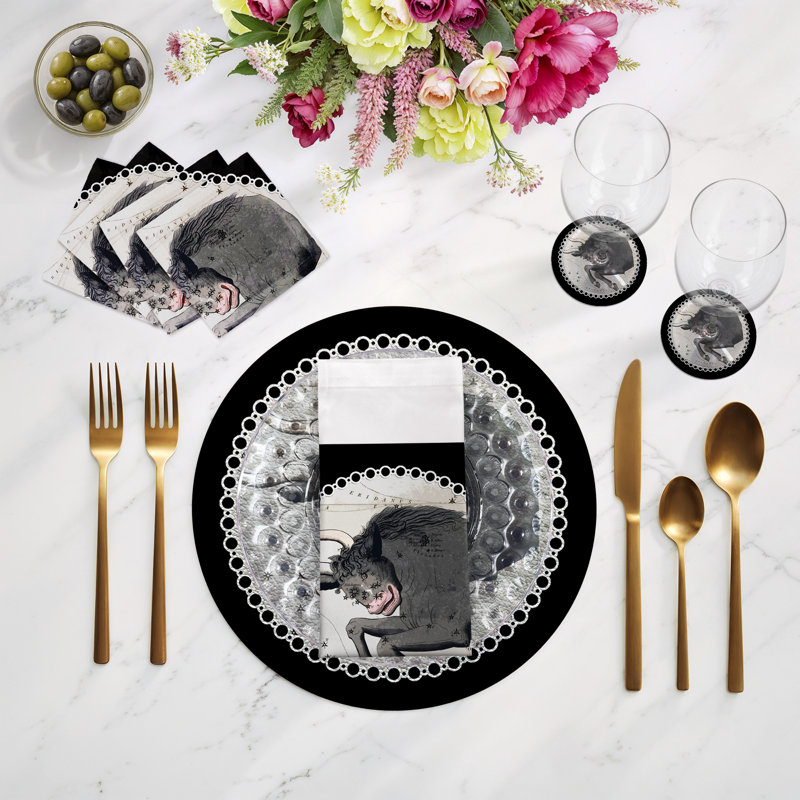 Zodiac Taurus Vegan Leather Round Pebble Placemat, Black