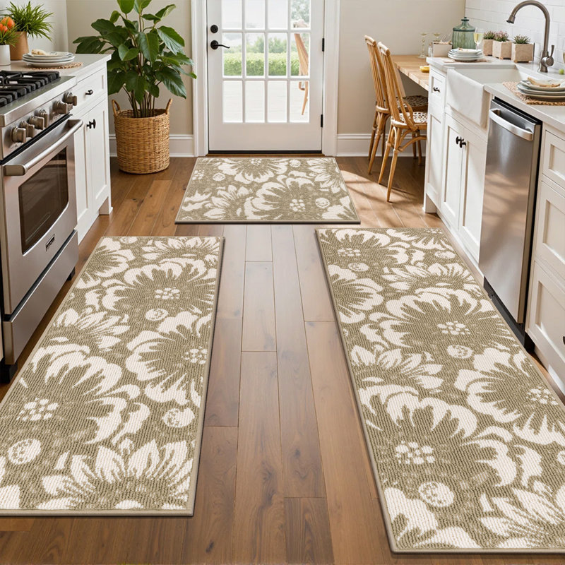 Wear-Resistant Non-slip Washable Kitchen Mat Runner 3-Piece Set, Beige