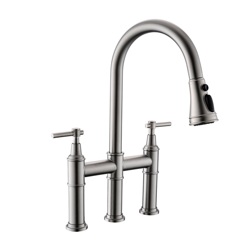 3 Hole Brushed Nickel Kitchen Faucet, Pull Down , 2 Handles, Classic And Modern Blend Faucet For Sink, Handle,