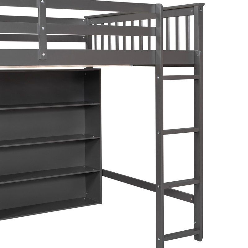 Lit mezzanine double gris avec 8 tablettes ouvertes et - Économie d'espace pour les dortoirs