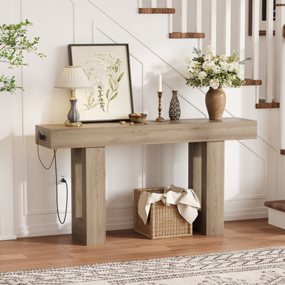 63 Inch Extra Long Sofa Console Table with Power Outlet, USB & Type-C Ports – Slim Narrow Entryway Table for Hallway, Behind Couch or Living Room – Modern Skinny Foyer Table with Outlets – Deep Brown