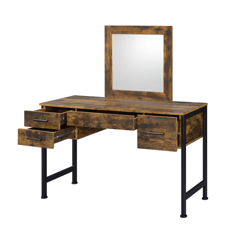 4 Drawers Vanity, Rustic Oak Finish, Black Metal Accents, 18"l X 18"h Mirror, Particle Board And Build