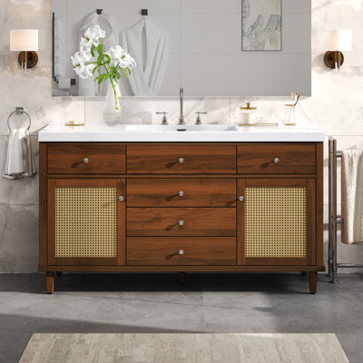 Meuble-lavabo de ferme moderne de 60 po de largeur avec lavabo SMC Brielle, portes en rotin et poignées en métal Brielle