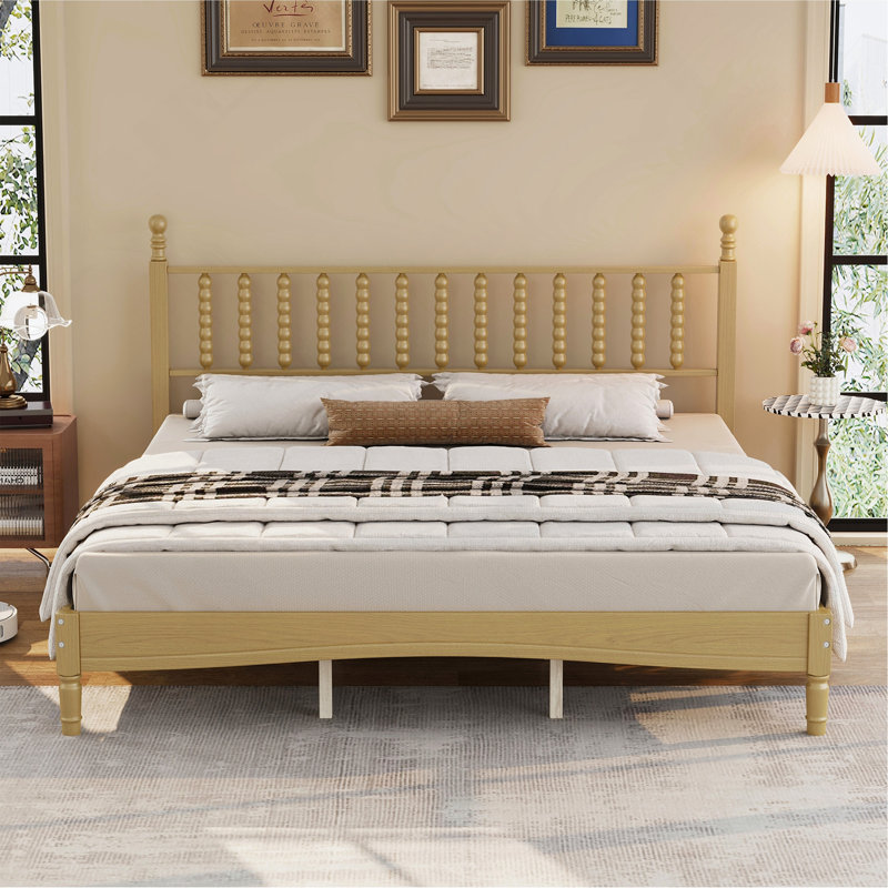 Lit plateforme très grand en bois avec tête de lit en forme de gourde, style rétro avec support à lattes, naturel