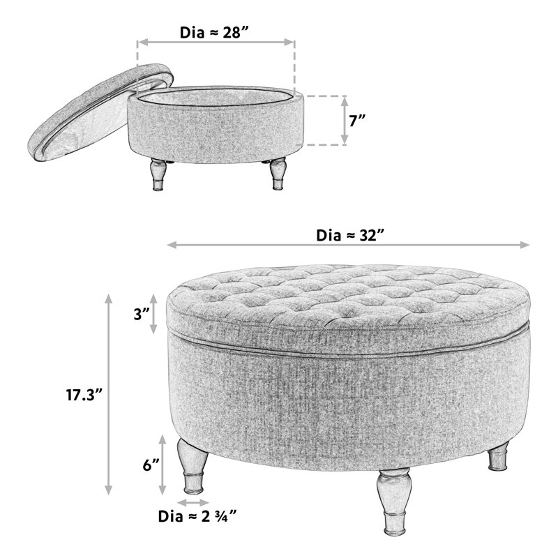 Repose-pieds rond avec rangement capitonné 32 "Ahan, gris