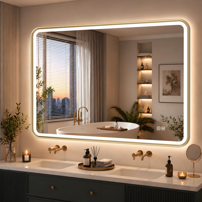 Harcrest Lighted Metal Framed Wall Mounted Bathroom in Gold, 70cm H x 100cm W
