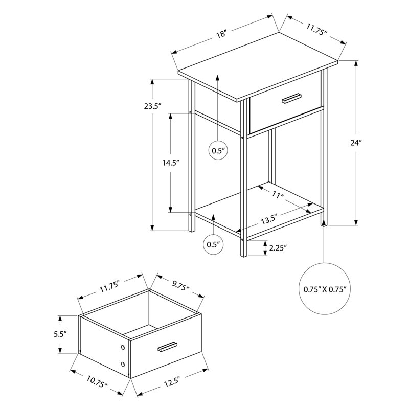 24" High Side Table With Drawer - Dark Oak Laminate And Black Metal Finish Storage Shelf Appeal
