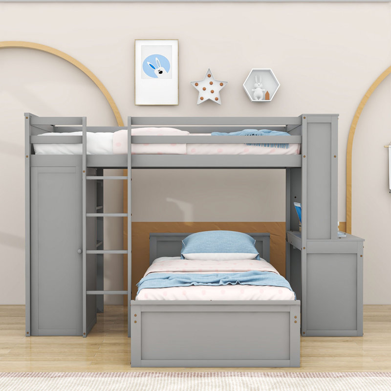 Asgun Wood Bunk Bed with Shelves,Desk and Drawer, Gray, Twin Over Twin