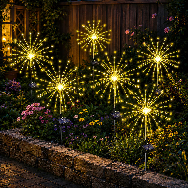 8 modes de feux d'artifice solaires et 120 lumières de paysage de jardin à DEL imperméables pour le décor des Fêtes, Jaune