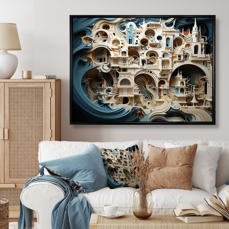 «Surréalisme World Cultures Temple I», art mural surréalisme, Cadre flottant noir, H 16 po x l 32 po x P 1 po