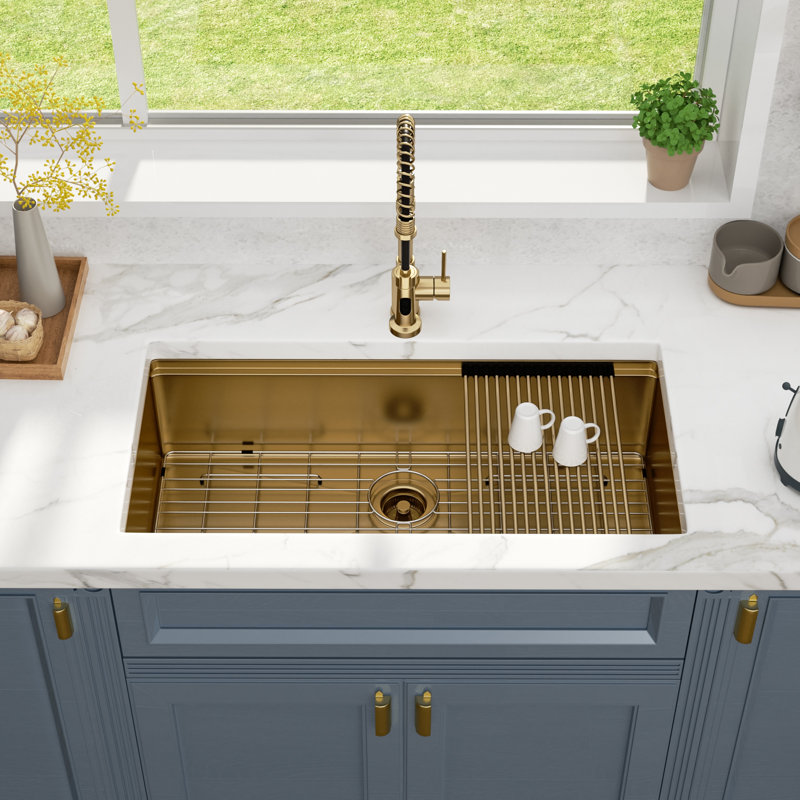 36x19 Inch Workstation Sink Undermount Stainless Steel 16 Gauge Single Bowl Kitchen Sinks with Mixing Bowls, Gold