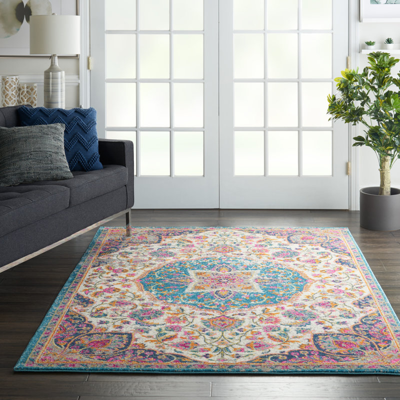 Tapis oriental ivoire / rose / bleu Verda, Rectangle 3 pi 9 po x 5 pi 9 po