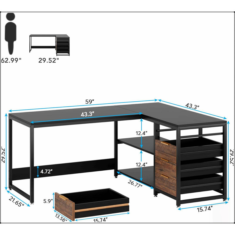 Bureau d'ordinateur en L 59 pouces avec tiroirs et tablettes de rangement, poste de travail de coin réversible, bureau d'écriture avec classeur