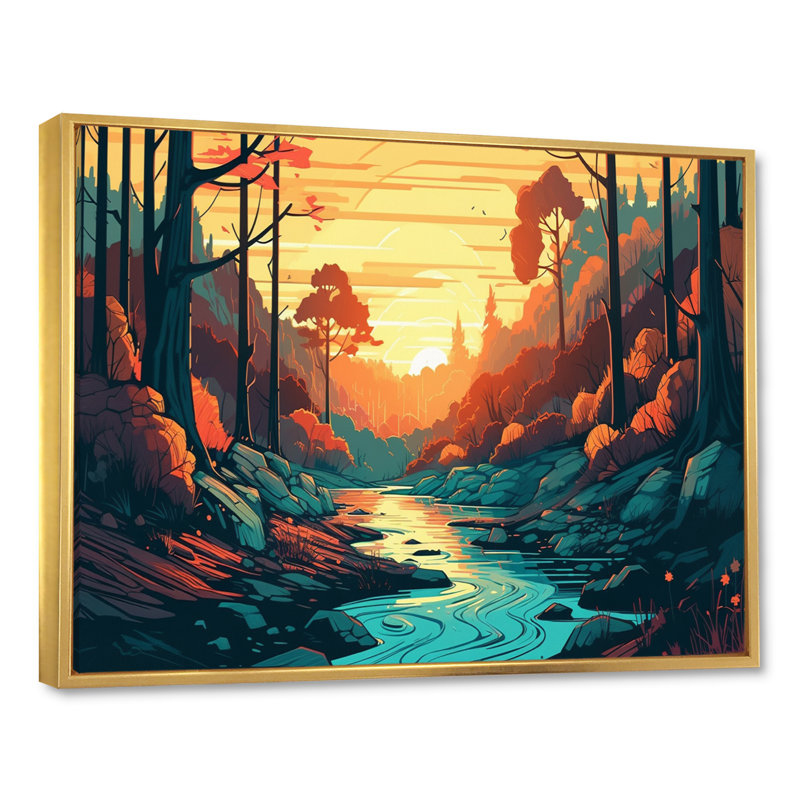 «Beautiful Stream At Sunset III - Landscape Forest», reproduction sur toile, H 12 po x l 20 po x P 1 po, Cadre flottant doré