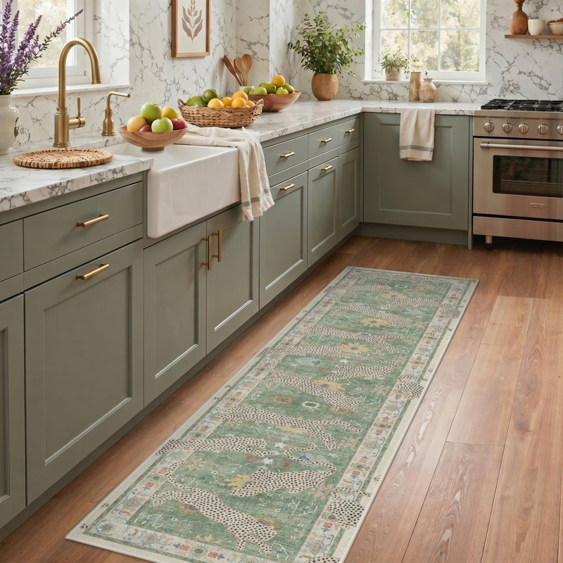 Allandale Leopard Print Green / Beige Machine Washable Non-Slip Area Rug, Runner 2'3" x 6', Green