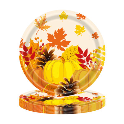 Thanksgiving Paper Plates Festive Fall Pumpkin And Maple Leaves Pattern Disposable Tableware For Fall Harvests Party