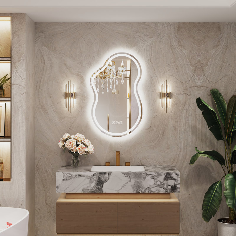Lunara UL Certified Asymmetrical Frontlit&Backlit LED Bathroom Vanity Mirror, Irregular Wall Mirror with 4mm Tempered Glass, Dimmable