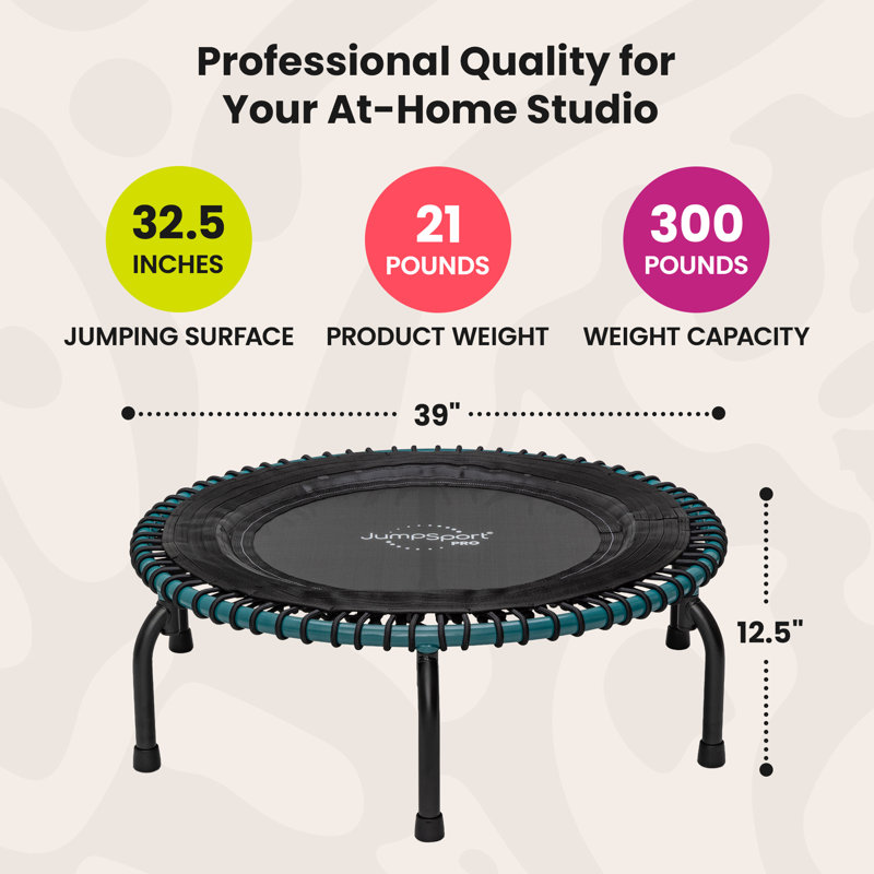 Trampoline d'intérieur léger de 39 po avec 4 vidéos JumpSport 350 PRO, Bleu sarcelle
