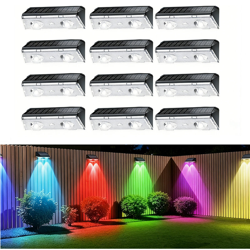 Paquet de 12 lumières de clôture solaires pour l'extérieur, IP65 lumières de clôture étanches alimentées à l'énergie solaire avec lentille DEL ultra-brillante, 9 modes de couleur, pour mur, marche, cour, patio, cour