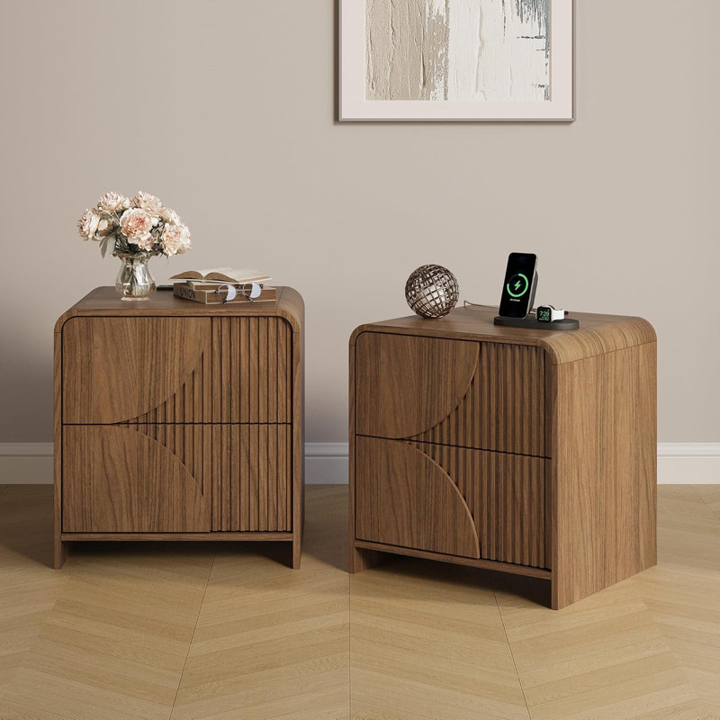 2 - Drawer Fluted Nightstands With Charging Station, Walnut