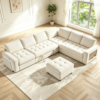 Canapé d'angle convertible en L de 259 cm (102 po), en chenille, avec ports USB-A/A, éclairage d'ambiance à DEL, table d'appoint intégrée et rangement dissimulé.