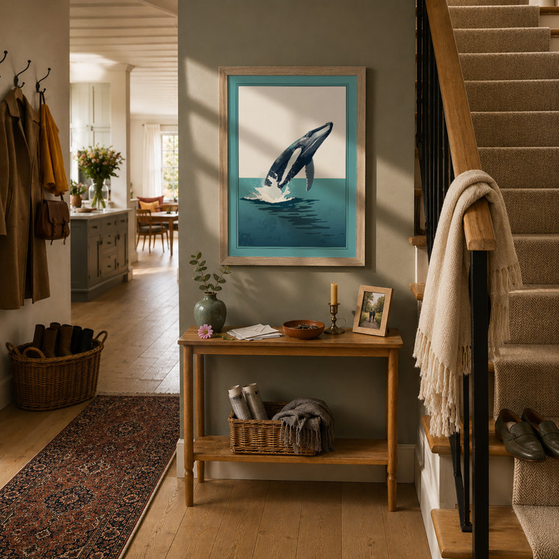 Breaching Whale Coastal - Framed Print, A2 - 59.4 x 42.0 cm, Oak