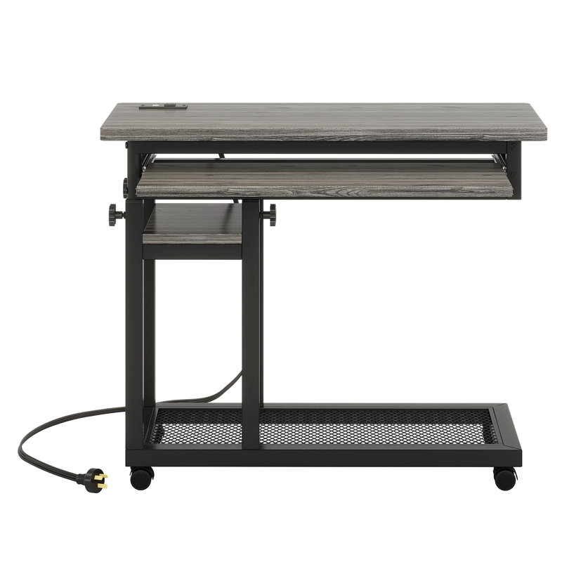 28"-39.3" Height Adjustable Portable Desk With Power Outlet & Usb Ports, Rolling C-Shaped Side Table With Keyboard Tray, Gray