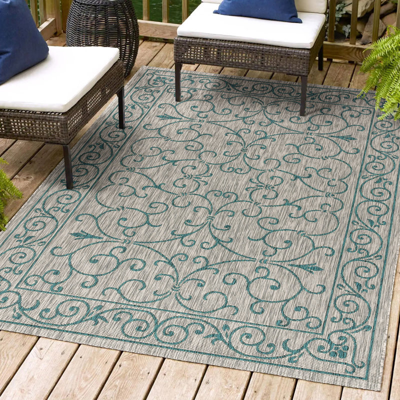 Tapis d'intérieur / extérieur gris / bleu sarcelle texturé Hagerman, Rectangle 10 pi x 14 pi