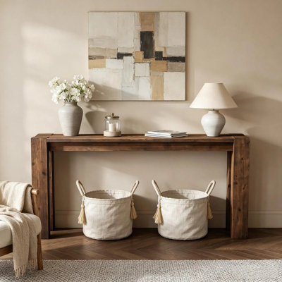 Console en bois massif, longue table de canapé pour le présentoir décoratif de salon d'entrée en bois naturel