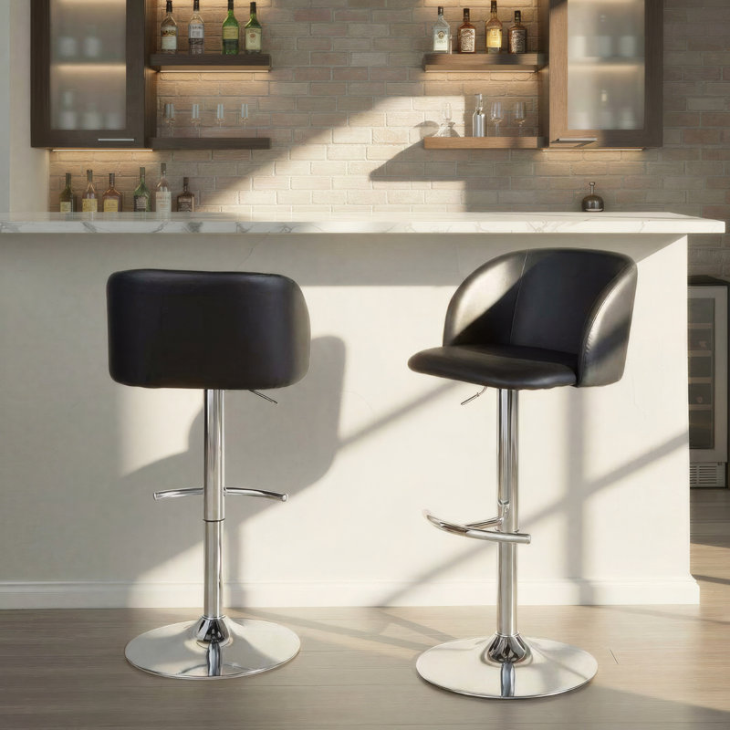 Terrance Adjustable Bar Stools With Rounded T Footrest, Chrome, Black