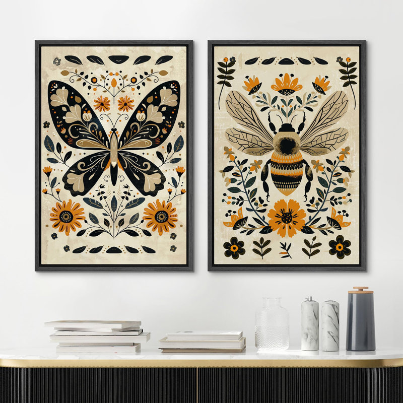 «Butterfly Bee Animal and Boho Floral Botanical Decor», reproduction d'art sur toile encadrée 2 pièces, Cadre noir