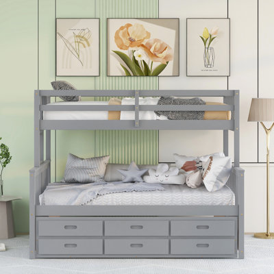 Twin-Over-Full Bunk Bed With Twin Size Trundle , Separable Bunk Bed With Drawers For Bedroom - Gray