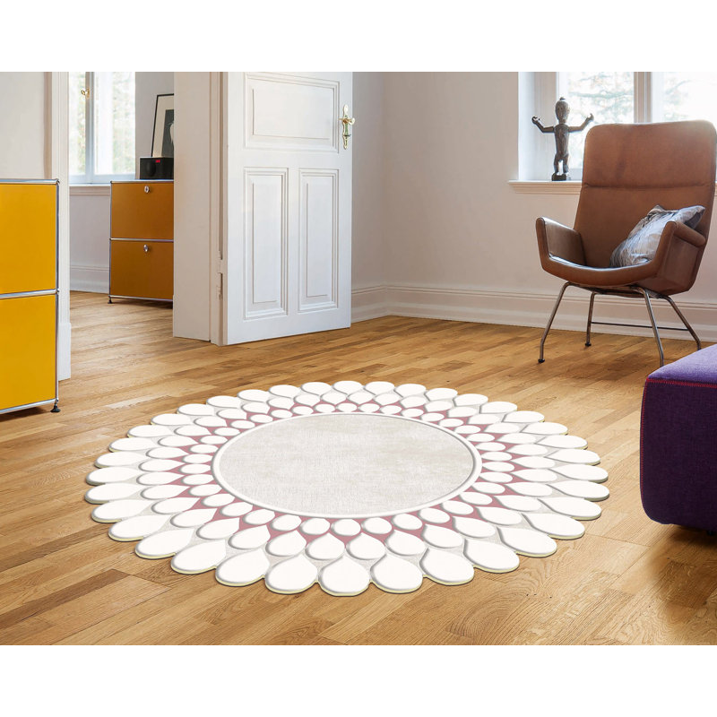 Tapis rose / blanc en polyester tissé à la machine Novelty Smithton, Nouveauté 2 pi 7 po x 2 pi 7 po