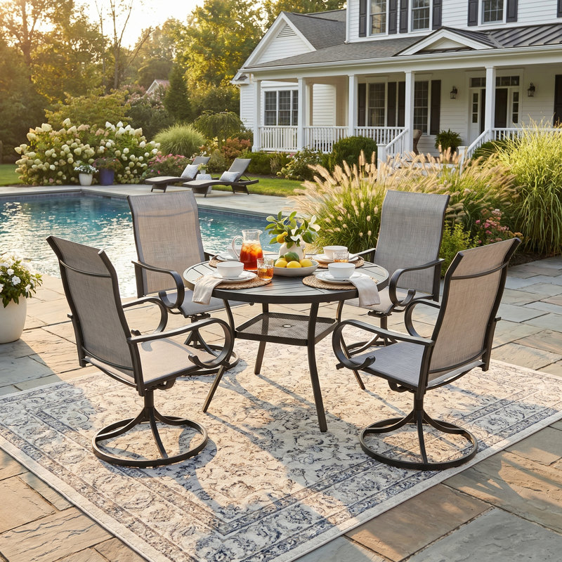 4-Person Round Patio Dining Set With Swivel Textilene Chairs, Black/Gray