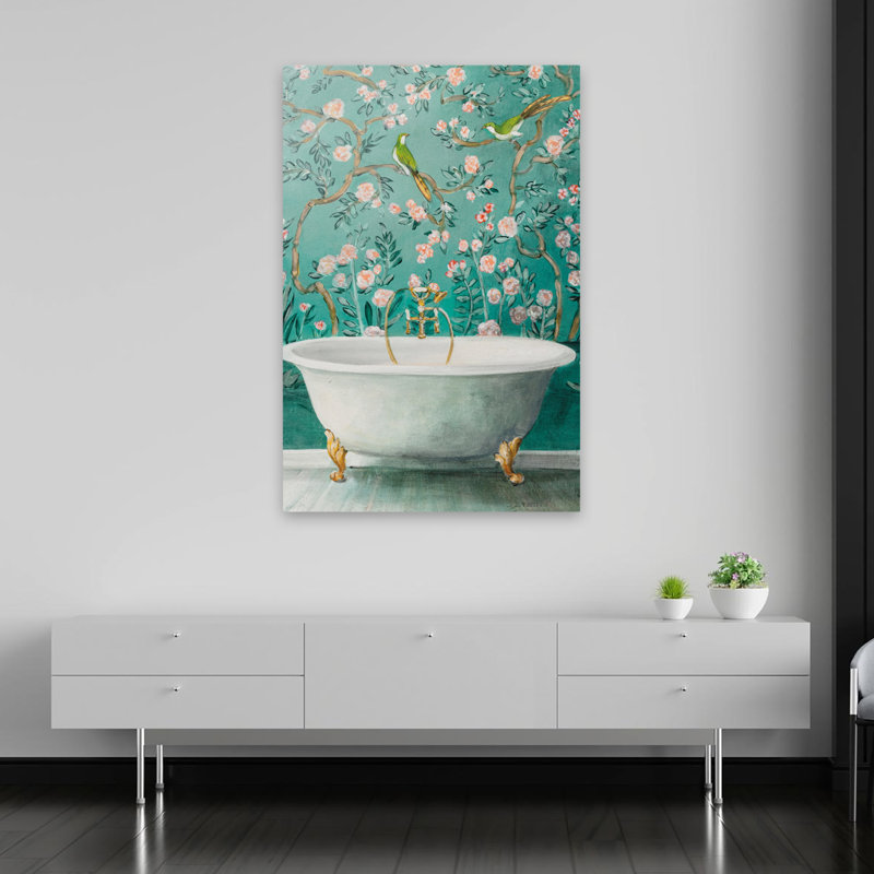 Baignoire contemporaine à motif floral chinois et or chinois Chinoiserie Bath II, H 60 po x l 40 po