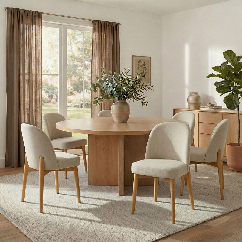 Modern 7-Piece 60-Inch Round Oak Veneer Dining Set With 6 Linen Chairs, Beige