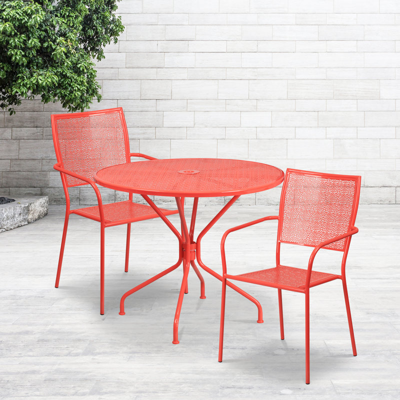 Amaaya 35.25'' Round Indoor-Outdoor Steel Patio Table Set with Square Back Chairs, Light Gray, 3 Pieces: Table, 2 Chairs