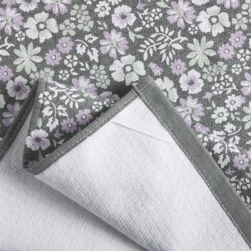 Gray and White Floral Cotton Kitchen Towel Set, 2-Pack