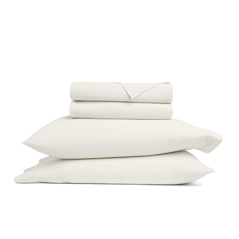100% Cotton Percale Brushed & Washed 4 Piece Sheet Set, King Sheet Set with 2 Pillowcases, Ivory