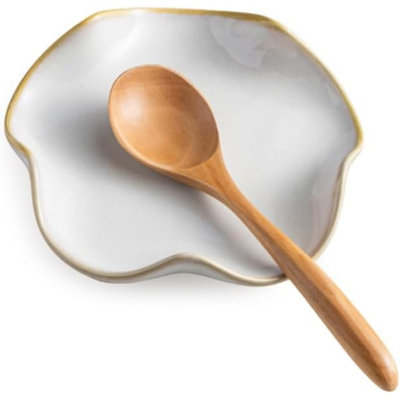 Spoon Rest for Stove Top, Spoon Holder for Stove, 5.3In Ceramic Spoon Rest for Kitchen Counter, Coffee Spoon Holder with Ruffled Edge, Farmhouse Spatula Holder for Kitchen Decor, Beige