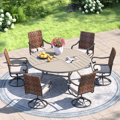 6-Person 50" Round Outdoor Dining Set With Cushioned Swivel PE Rattan Dining Chair